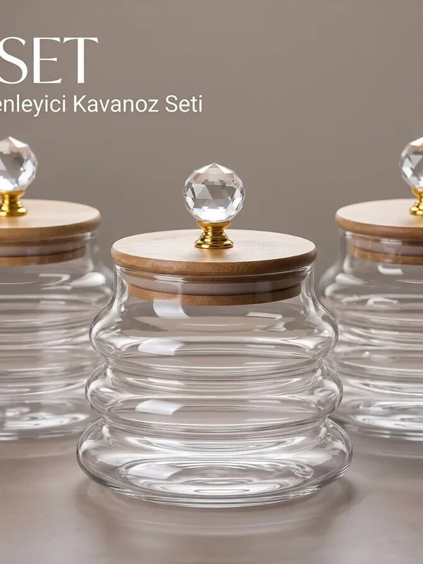 Kristal Kulplu Bambu Kapaklı Dalgalı Cam Kavanoz 400 ml