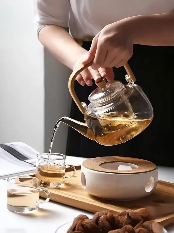 Bambu Kulplu Borosilikat Cam Bitki Çayı Demliği 1200 ml