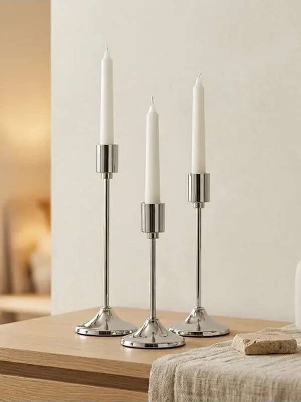 3'lü Gümüş Metal Şamdan Seti 16-19-22 cm, Klasik Mumluk