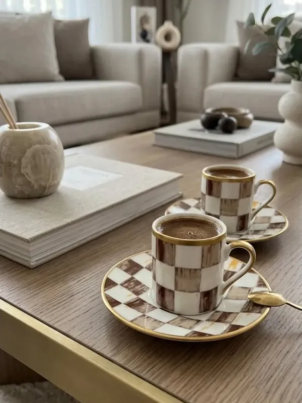 Kahve Ekose Desenli Türk Kahvesi Fincan Takımı 2 Kişilik, Altın Detaylı