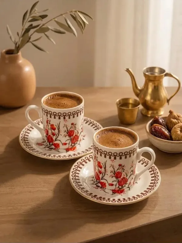 Çiçek Desenli Türk Kahvesi Fincan Takımı 2 Kişilik, Vintage