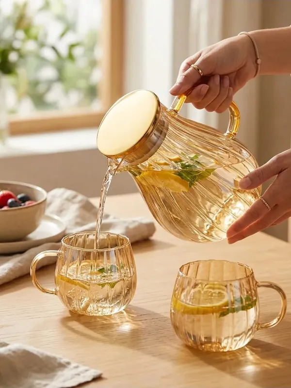Dilimli Borosilikat Cam Sürahi 1800 ml ve 2 Bardak, Detoks