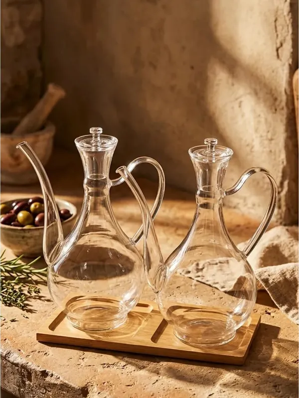 2'li Glory Cam Yağdanlık Seti 750 ml, Bambu Stantlı