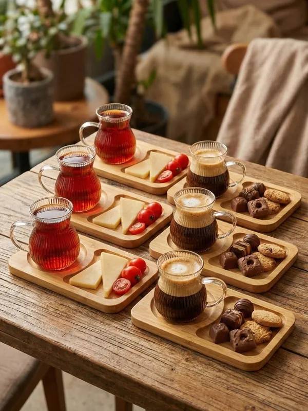 12'li Bambu Tabaklı Borosilikat Cam Kulplu Çay ve Kahve Bardağı 200 ml
