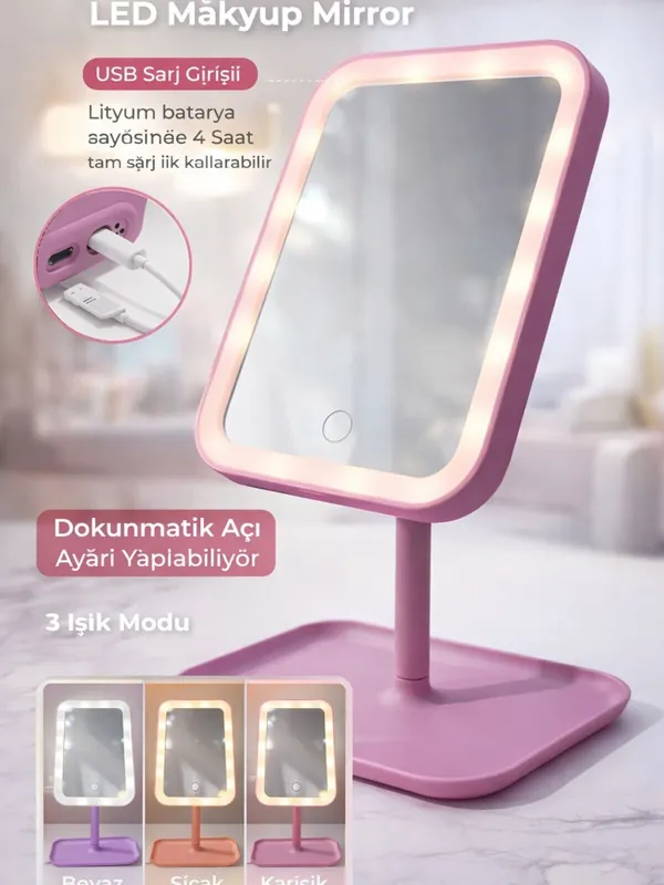 Şarjlı Dokunmatik LED Makyaj Aynası Mor, 3 Renk Işık