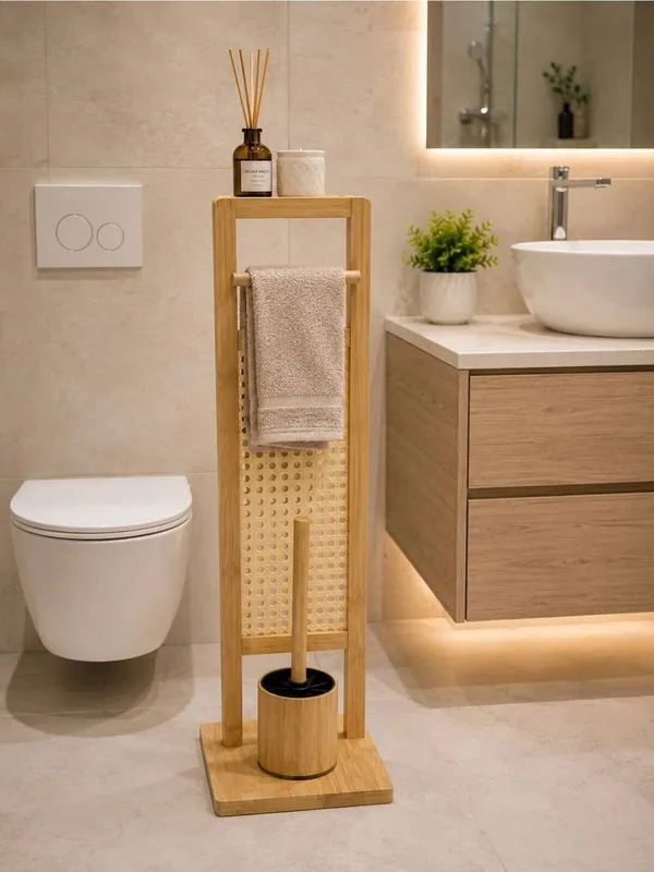 Bambu Tuvalet Kağıtlığı ve WC Fırça Seti, Dikdörtgen