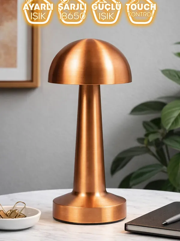 Rose Gold Şarjlı LED Mantar Masa Lambası 25 cm