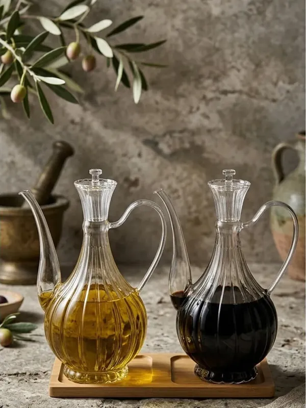 2'li Glory Çizgili Cam Yağdanlık Seti 750 ml, Bambu Stantlı