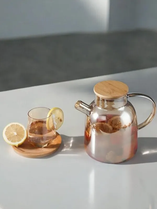 Amber Bambu Kapaklı Borosilikat Cam Demlik ve Sürahi 1500 ml