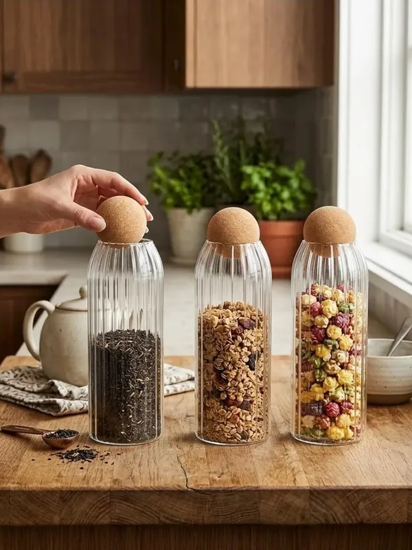 3'lü Mantar Kapaklı Çizgili Cam Kavanoz Seti 1250 ml