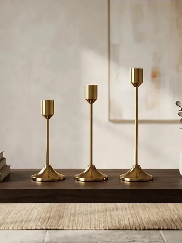3'lü Gold Metal Şamdan Seti 16-19-22 cm, Klasik Mumluk