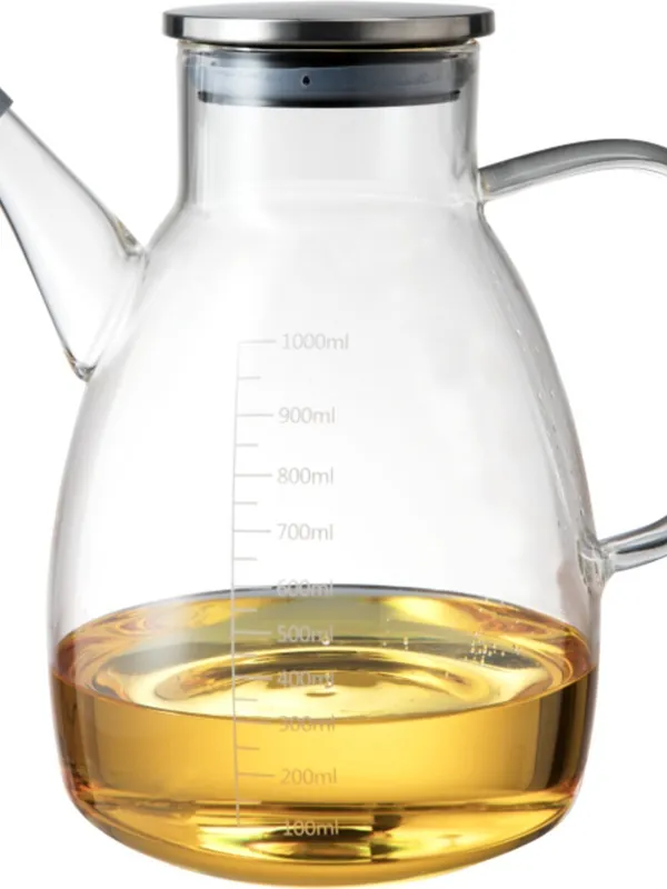 Borosilikat Cam Yağdanlık 1000 ml, Silikon Ağızlık Metal Kapak