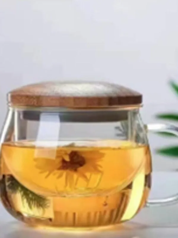 Süzgeçli Ahşap Kapaklı Cam Demleme Kupası, Kişisel Bitki Çayı
