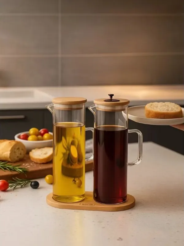 Bambu Altlıklı 2'li Cam Yağdanlık ve Sirkelik Seti 400 ml
