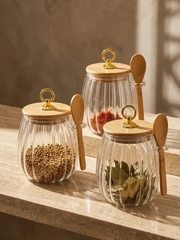 3'lü Halka Kapaklı Çizgili Kaşıklı Cam Kavanoz Seti 650 ml