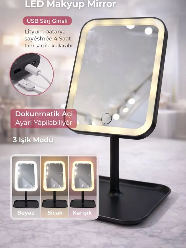 Şarjlı Dokunmatik LED Makyaj Aynası Siyah, 3 Renk Işık