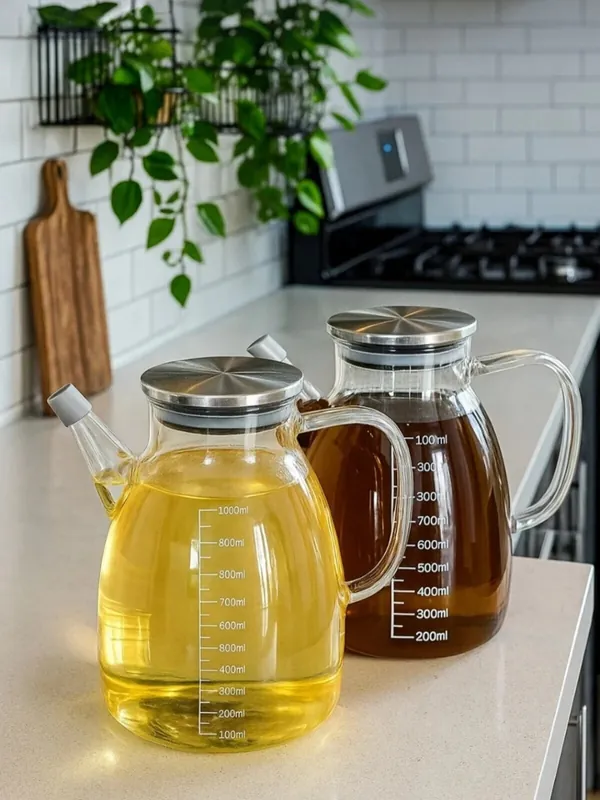 2'li Borosilikat Cam Yağdanlık 1000 ml, Silikon Ağızlık Metal Kapak