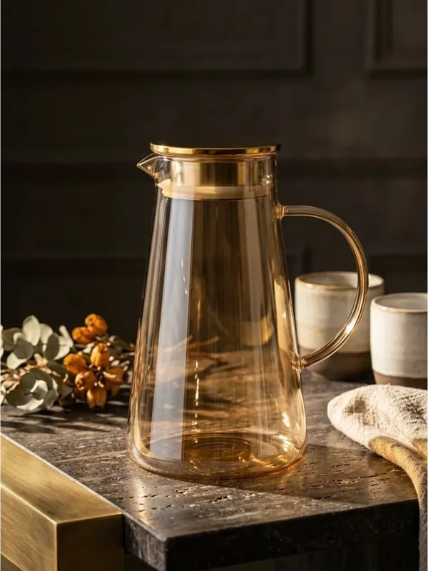 Gold Detaylı Borosilikat Cam Sürahi 1900 ml, Isıya Dayanıklı Detoks