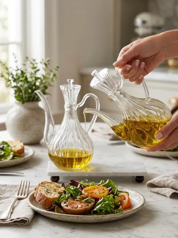 2'li Glory Çizgili Cam Yağdanlık Seti 750 ml, Mermer Stantlı