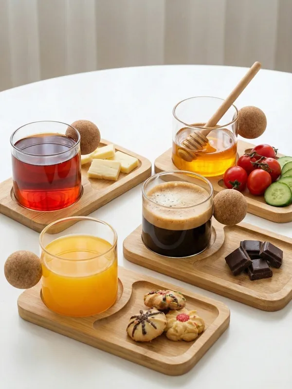 6'lı Bambu Tabaklı Mantar Kulplu Cam Çay ve Kahve Bardağı 150 ml
