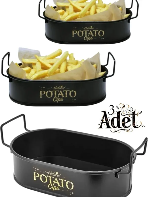 3'lü Mini Oval Metal Patates ve Cips Sunumluk 21 cm
