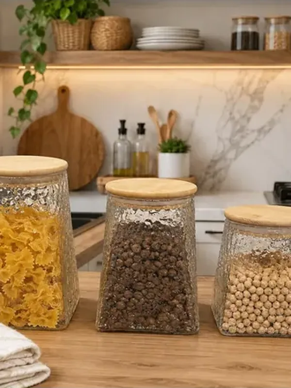 3'lü Ahşap Kapaklı Çizgili Borosilikat Cam Kavanoz Seti 550-750-950 ml