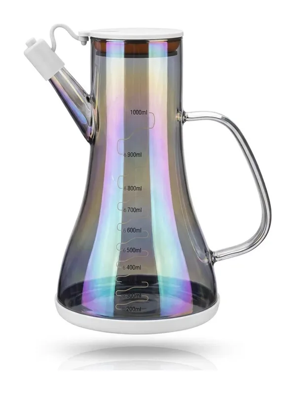 Robin Ölçülü Yanardöner Cam Yağdanlık 1000 ml, Kulplu Kapaklı ölçü çizgili yanardöner cam yağdanlık, beyaz zeminde